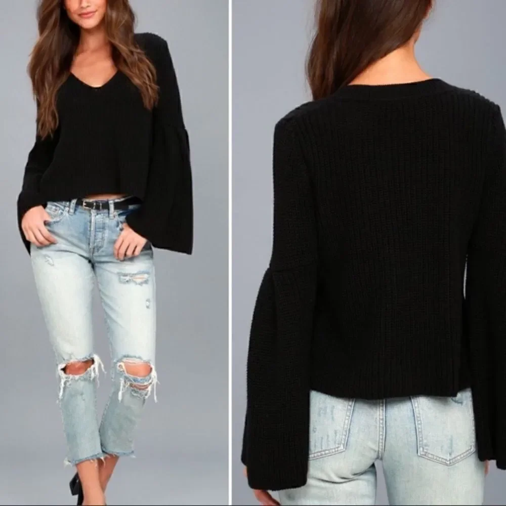 Free People Damsel Cable Knit Pullover Black Sweater Bell Sleeves Oversized XS